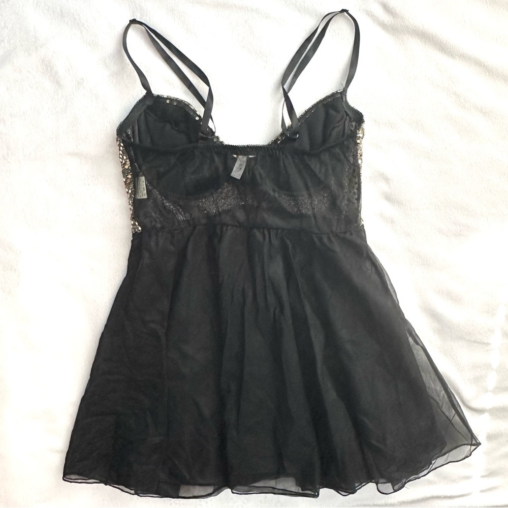Vintage Je T’adore Gold Sequin & Sheer Nightie Babydoll Dress S Lingerie Black - Picture 2 of 10